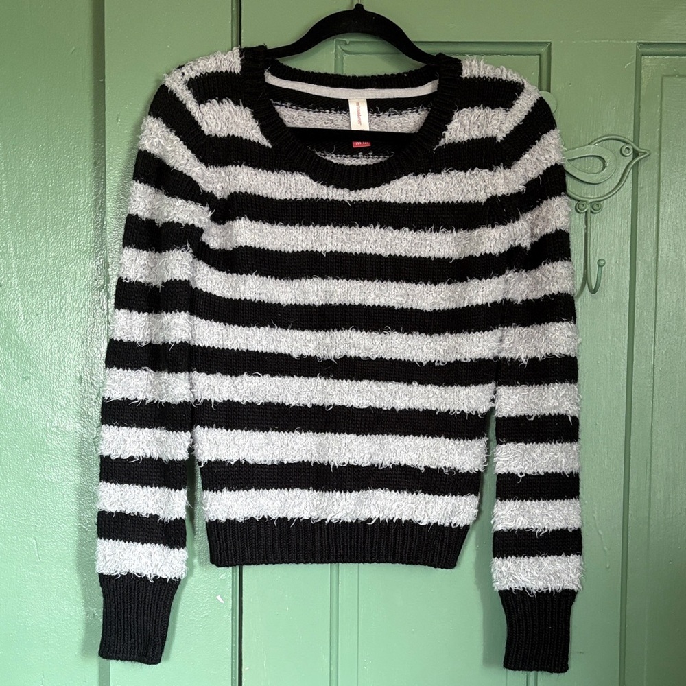 No Boundaries Fuzzy Black and Gray Striped Sweater